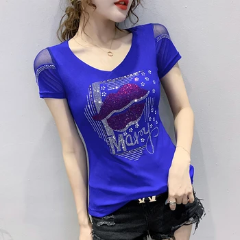 Sommeren koreansk Tøj, T-shirt Mode Diamanter Læbe Kvinder Toppe Ropa Mujer Bomuld kortærmet Lace Sexy Back Tee Shirt Nye T03804