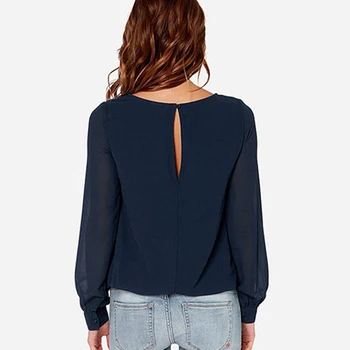 HOT Sælger Kvinders Plus Size Chiffon Mode Bluser med Lange Ærmer O-neck Navy Blå t-Shirt Elegant Kontor Bluse Slank Afslappet Top