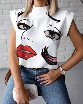 Kvinder Elegante Læber Print Bluse Shirts 2020 Sommeren Afslappet Stå Hals Trøjer Toppe Damer Mode Sød Øje Korte Ærmer Blusa