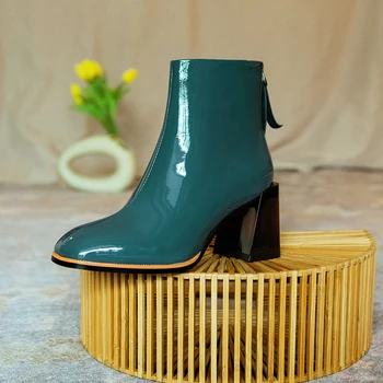 INS Kvinder ankel støvler, naturlig læder øvre 22-26CM Ko patent læder Europæiske og Amerikanske mode lynlås i ryggen dame sko