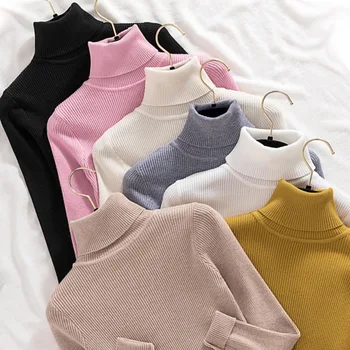 Lange Ærmer Strikket Varm Sweater Kvinder Pullover 2020 Koreanske Oversize Rullekrave Top Jumper Solid Elasticitet Slim Fit Tøj