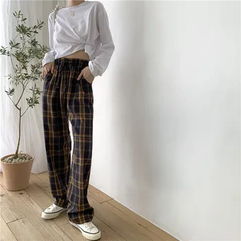 2020 vintage plaid bukser elastisk talje bukser kvinder, høj talje plus size bred ben Bukser, Casual kvindelige koreanske bukser kvinder