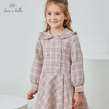 DKH14220 dave bella efteråret girl fashion plaid print-knappen draperet kjole børn sød kjole børn spædbarn lolita tøj