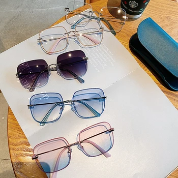 Pink Krystal Skinnende Mærke Solbriller Til Kvinder Nye Mode Gradient Blå Klare Sol Briller Kvindelige Alloy Square Diamant Nuancer
