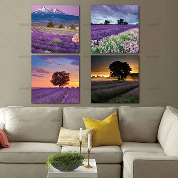 4 Stykker Lavendel Landskab Malerier, Olie På Lærred Kunst Udskriver Lilla Blomster Hjem Wall Decor Modulære Billeder I Høj Kvalitet