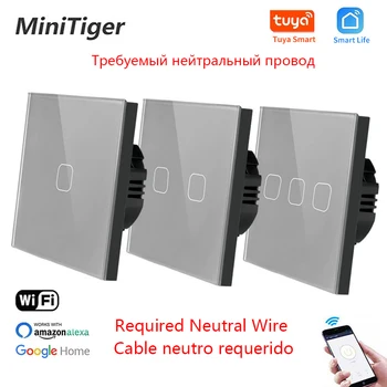 Minitiger EU-Standard 1/2/3 Bande Tuya/Intelligent Liv WiFi Wall Light Touch Skifte Neutral Ledning Wireless Control Tryk lyskontakt