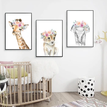 Dyr, Blomster Crown Kunst, Indretning Lærred Maleri Baby Pige Udskriver Dyr, Giraf, Elefant, Løve Væg Kunst Billedet Børnehave Plakat