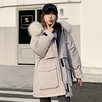 Koreansk Stil Kvinders Vinter Lang Oversize Jakke Løs 2020 Kvindelige Frakke Parka Hætte Med Pels, Store Lommer Varm Solid Frakker