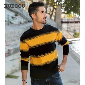 KUEGOU Efterår og Vinter Tøj Kontrast Farve Mænds Sweater Varme Trøjer Stribet Strikket Sweaters Mænd Mode Top LZ-26078