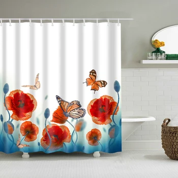 Lilla badeforhæng Farverige 3d Blomster, vask, brusebad Vandtæt Indretning med hooks180x200cm til Badeværelse store cortina bano шторы