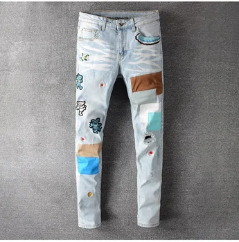 Nye Mænd mandlige mode bære broderi, patchwork-lys blå jeans Streetwear huller rippet stretch denim skinny jeans bukser