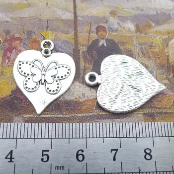 100pcs Butterfly Hjerte Vedhæng 20mm x 26mm DIY Smykker at Gøre Vedhæng i antik sølv farve