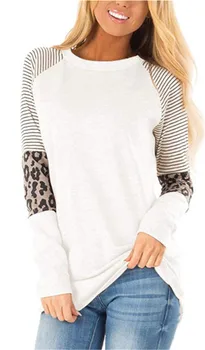 Efteråret Toppen Kvinder langærmet T-Shirt 2019 Stribede Toppe Tee Kvindelig Leopard syning Tees Mode Løs Top Dame T-shirt 2XL