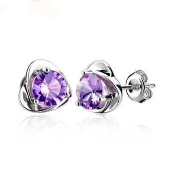 Nye koreanske Version af Hjerte-formede Lilla Diamant Stud Øreringe til Kvinder Mode Temperament 925 Sterling Sølv Farve Smykker