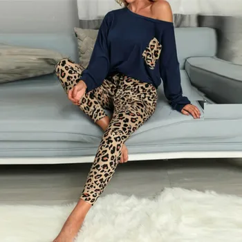 Leopard Træningsdragt Passer til Kvinder sexy one off skulder sport Jogger Suit Female casual løs lomme toppe og lange bukser sæt 2stk