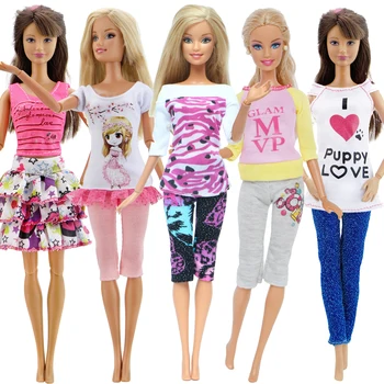 5 Stk / Sæt Håndlavet Blandet Stil Outfit Søde Bluse Shirt Mini Kjole Leggings Tøj Til Barbie Dukke Tilbehør Kids Legetøj