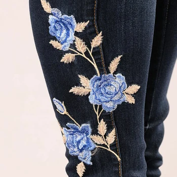 Stræk Broderede Jeans Til Kvinder Elastisk, Blå Blomst Jeans Kvinder Blyant Denim Bukser Rose Mønster Pantalon Femme