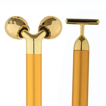 2 i 1 Energi Beauty Bar 24k Golden Vibrerende Facial Roller Massageapparat ansigtsløftning Anti-rynke hudpleje Gemstone rullekugle