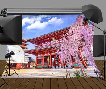 7x5ft Japansk Arkitektur Baggrund Romantisk Cherry Fotografering Baggrund Foto Skyde Rekvisitter