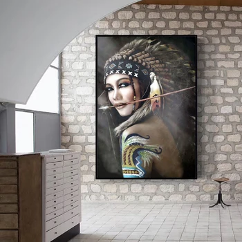 Portræt Lærred Kunst Wall Decor Billeder Til Stuen Indisk Kvinde, Fjer Stolthed Lærred Maleri Hjem Indretning Trykt Cuadros