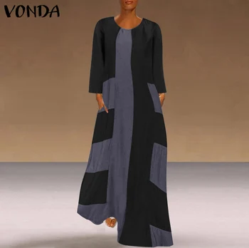 Plus Størrelse kvinde ' s Efterår Sundress VONDA 2021 Vintage Patchwork Kjole Afslappet Lommer Foran Kjole med Lange Ærmer Vestidos Overdimensioneret