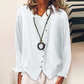 Efteråret Elegante Solid Knappen Bluse Shirts 2020 Kvinder Turn-Down Krave Løs Skjorte Top Casual Damer Langærmet Blusa Streetwear