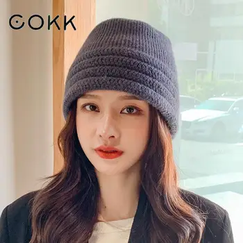 COKK Hat Kvinder Vinter Strikkede Bucket Hat Kvindelige Udendørs Solid Farve Vintage Varm Cap høreværn koreanske Bob Gorro Flad Top