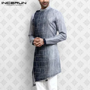2021 Mænd Uregelmæssige Shirt Indisk Tøj langærmet Vintage Stå Krave Kurtas Gradient Tie-dye Muslimske Mandlige Lange Toppe INCERUN