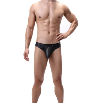 Sexet Gay Undertøj til Mænd Blå Sort Imiteret Læder T-trusser Mand Undertøj Bikini Lav Stigning Aftagelig Pose Erotisk Penis cueca S-XL