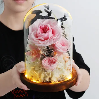 Evig Blomst Skønheden Og Udyret Steg Udødelige blomst I Glas Kuppel Med LED lampe-års Fødselsdag Valentines-Mors Dag Gaver