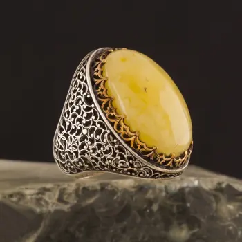 925 Sterling Drop Amber Sten Ivy Mønstrede Sølv Ring Mode Tyrkisk Premium Kvalitet Håndlavet Jawelery