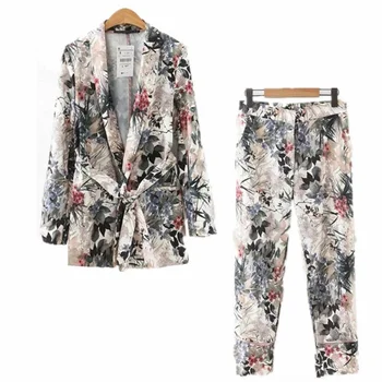 Elegant Kvinders dragter 2021 Efteråret Kvinder med Lange Ærmer Udslettet Kimono Blazer Belt Print Coat+Casual Bukser, der Passer Vintage To-delt Sæt