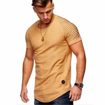 Nye sommer nyt ensfarvet, stribet design pjusket ærmer til mænd T-shirt, Slank rund hals T-shirt på med afslappede T-shirt ensfarvet