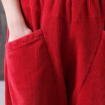 Vintage Fløjlsbukser Kvinder Elastisk Talje Casual Løs Harem Bukser, Lange Bukser til Damer solid farve, multi-lomme gummi bukser