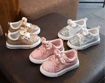 Pink Sneakers børn Spring 2019 Baby Children ' s Skate Sko Butterfly-knyttede Piger Sequined Casual Sko Guld Sølv