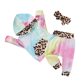 3Pcs Efteråret Tøj Tie-Dye Hooded Lang-Ærmet Pullover Leopard Print Løse Bukser Bue Hårbånd til Baby Buksetrold Piger 3M at 2Y