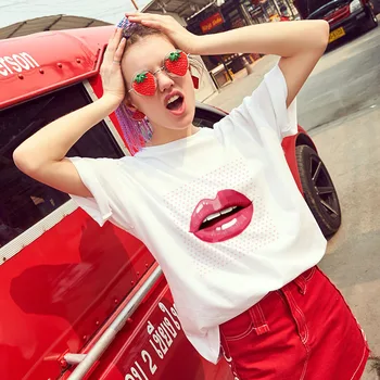 2019 Nye mode T-shirt Kvinder Sexy læber trykt Tshirt Harajuku Tynd Sektion Hvide Toppe Kvindelige kortærmet T-shirt tøj