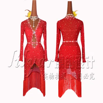 Latin Dance Dress Latin Nederdel Konkurrence Kjole Kostumer Udfører Kjole Praksis Nederdel Tilpasse Voksne Børn Lady Red Mesh Ny
