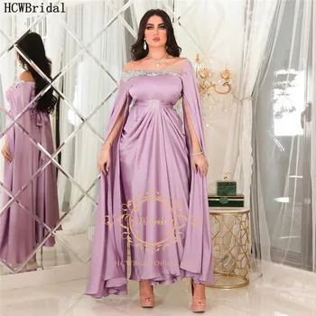 Lavendel Saudi-Arabisk Lange Ærmer Kjole Til Aften I Off Skulderen Perle Satin Lange Formelle Kjoler Plus Size Kvinder Prom Kjoler