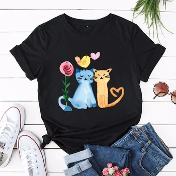 Nye Sommer Kvinder T-Shirt S-5XL Plus Size Bomuld Dejlige Katte Print kortærmet Dame t-Shirts Toppe Casual Løs O-Hals Kvindelige TShirt