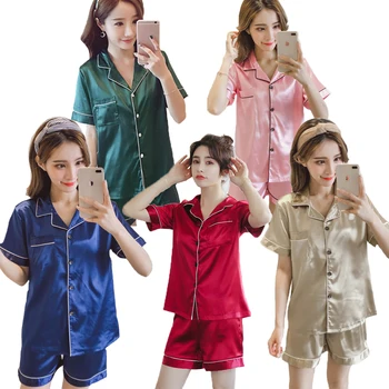 Kvinder Nattøj Korte Ærmer Satin Silke Pyjamas Sæt til Kvinder Plus Size Pyjamas Sommeren Nattøj Asian Størrelse