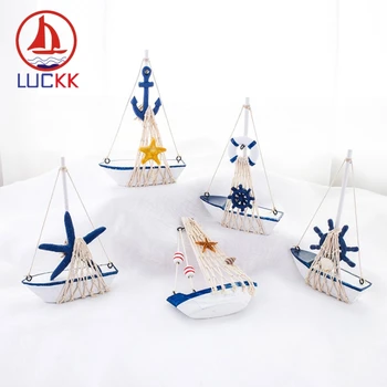 LUCKK Middelhavs-Stil Retro Sejlbåd Figurer Ornament Nautiske Home Decor Miniature Kreative Shell Træ Håndværk Marine Skib