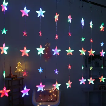 Julelys Stjernede kulørte Lamper Garland Gardin String Lys Navidad Dekorationer til Hjemmet Soveværelse Vindue, Ferie Belysning