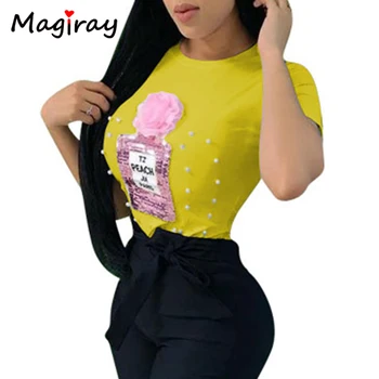 Magiray Parfume Sexet T-Shirt Kvinder 2021 Summer Harajuku Koreanske Sjove Sequined Perlebesat Tee Shirt Kvindelige Unikke Hvide Toppe C123