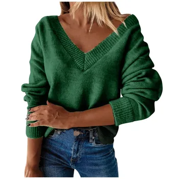 2020 Vinter Fashion V-hals Løs Solid Sweater Kvinder Toppe Plus Size Pullover Women ' s Strik Bunden Sweater Trække Femme
