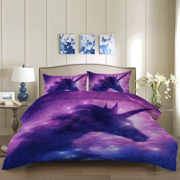Børn luksus sengetøj 3D Digital Drøm Skov Unicorn Dynebetræk med Pudebetræk Kosmiske Unicorn bed Linje king size engros