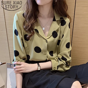 2020 Spring Ny langærmet Polka Dot Chiffon Blouse Kvinder HK Style Retro Elegant Slim-fit Kvinder Toppe Blusas Mujer 8767 50