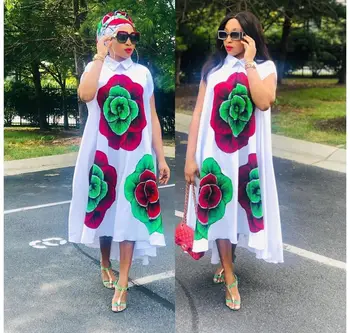 Stor Størrelse Løse Trykt Kjoler Kvinder Mode Hvid Sommer Mode Plus Size Afrikanske Kvindelige XXXL Blomster Kvindelige Klæder Vestidos
