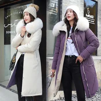 2020 Efterår Og Vinter Mode Hooded Parkacoats Jakke Kvinder Stor Pels Krave Solid Varm Tykkelse Polstret Outwear