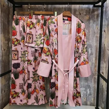 2019 Fashion Forår og Efterår Kvinder 4 Stykker Pyjamas Bukser Sæt med Lange Ærmer Print Silke Satin Nattøj Damer Nattøj Morgenkåbe